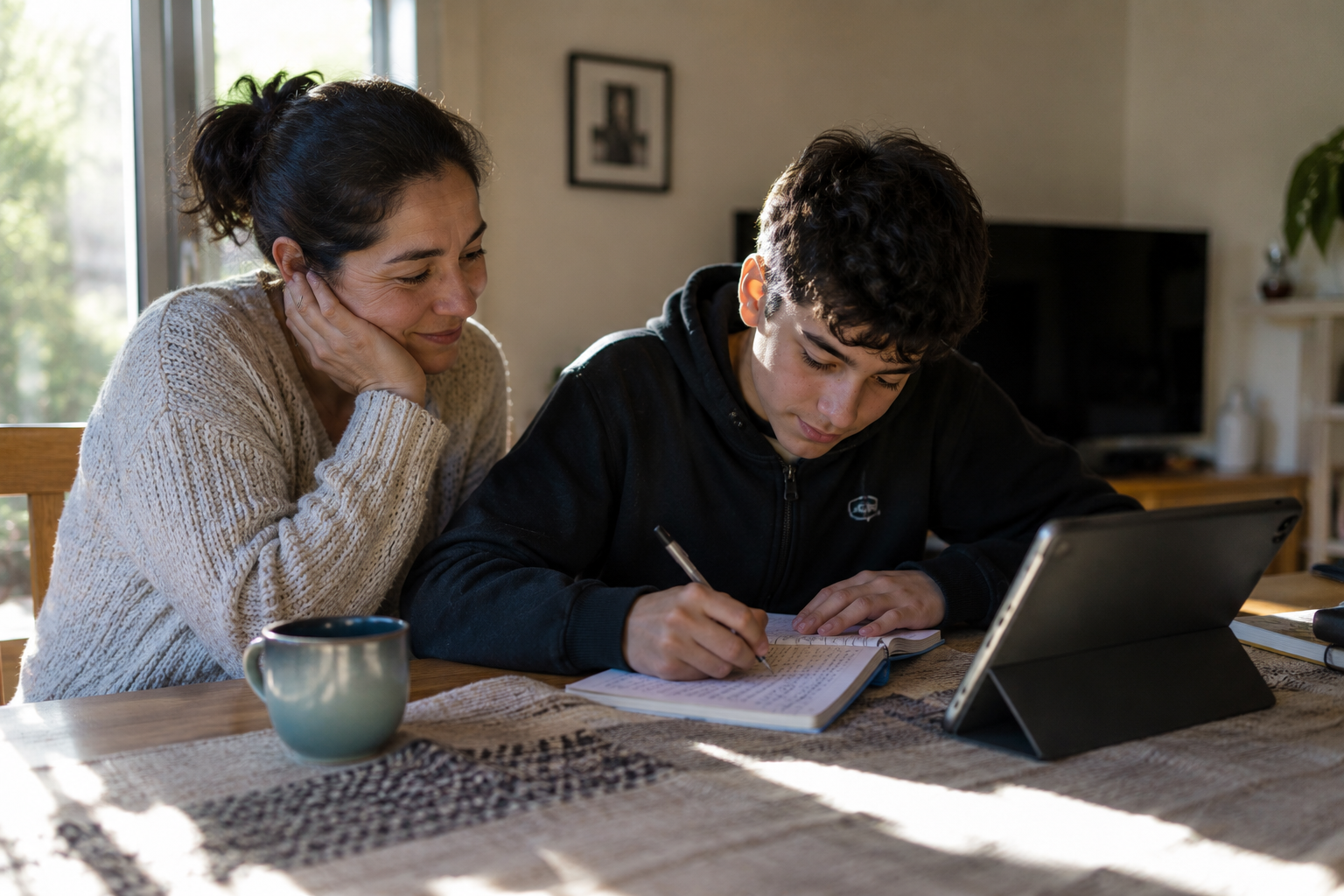 Mamá mira con orgullo a su hijo adolescente mientras escribe en un cuaderno, en un living con luz dorada de tarde
